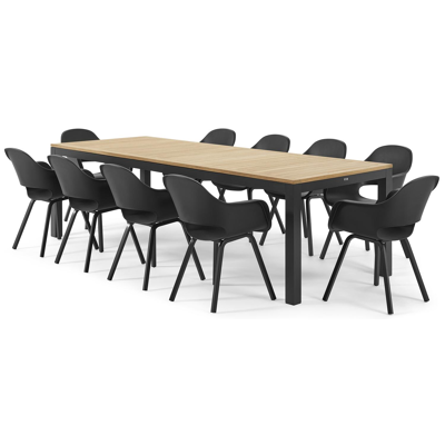 Ensemble de jardin Varese en aluminium noir avec plateau de table en teck naturel et 10 chaises de jardin Artena