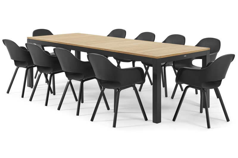 Ensemble de jardin Varese en aluminium noir avec plateau de table en teck naturel et 10 chaises de jardin Artena