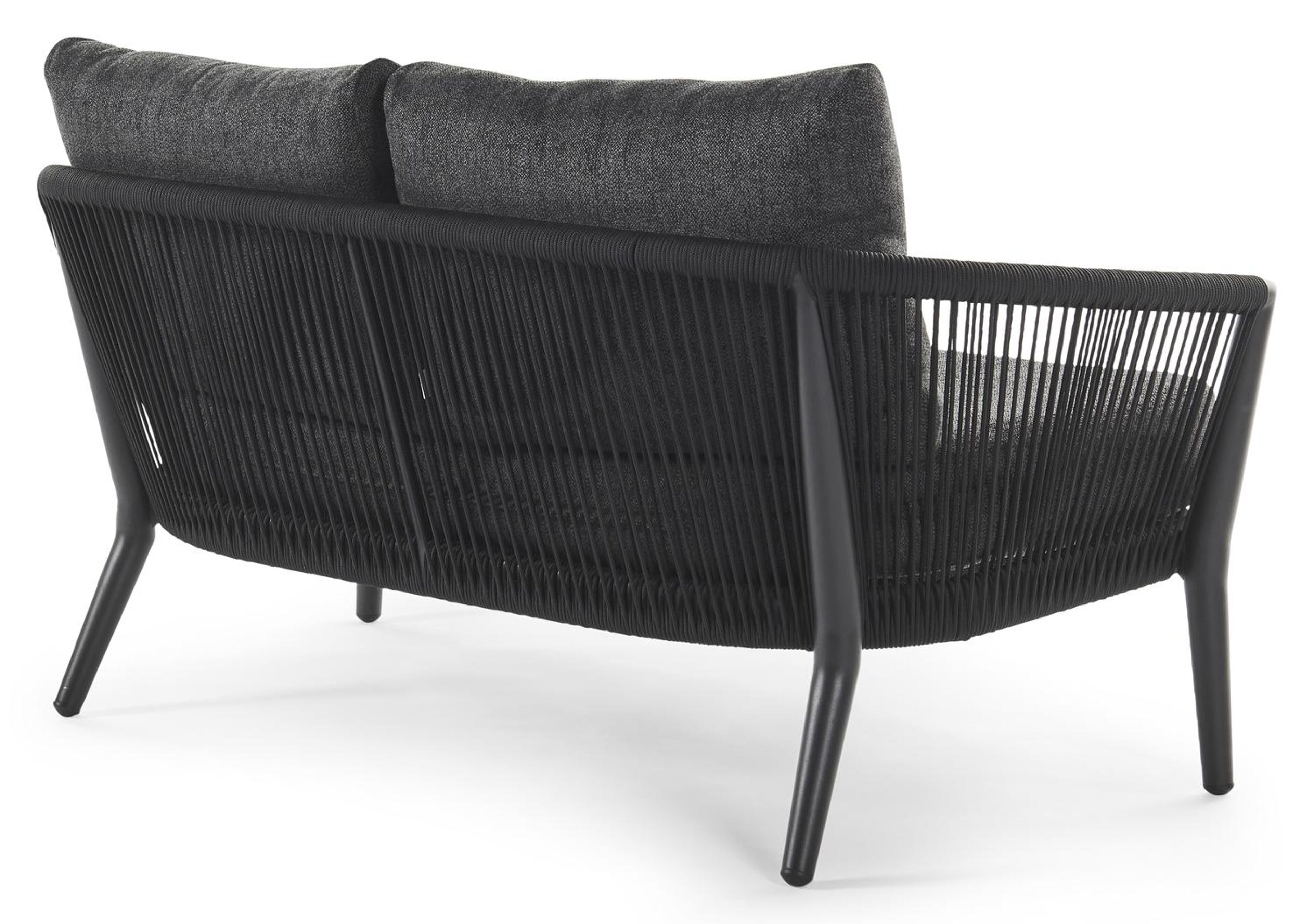 Orso loungebank 2-zit in zwart aluminium en zwart verticaal geweven ronde rope met chartres sooty all weather sunbrella® luxe kussen