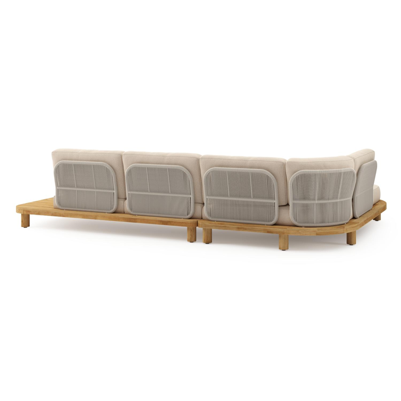 Donato loungehoek in teak en beige verticaal geweven ronde rope met all weather sunbrella® luxe Heritage Papyrus kussen