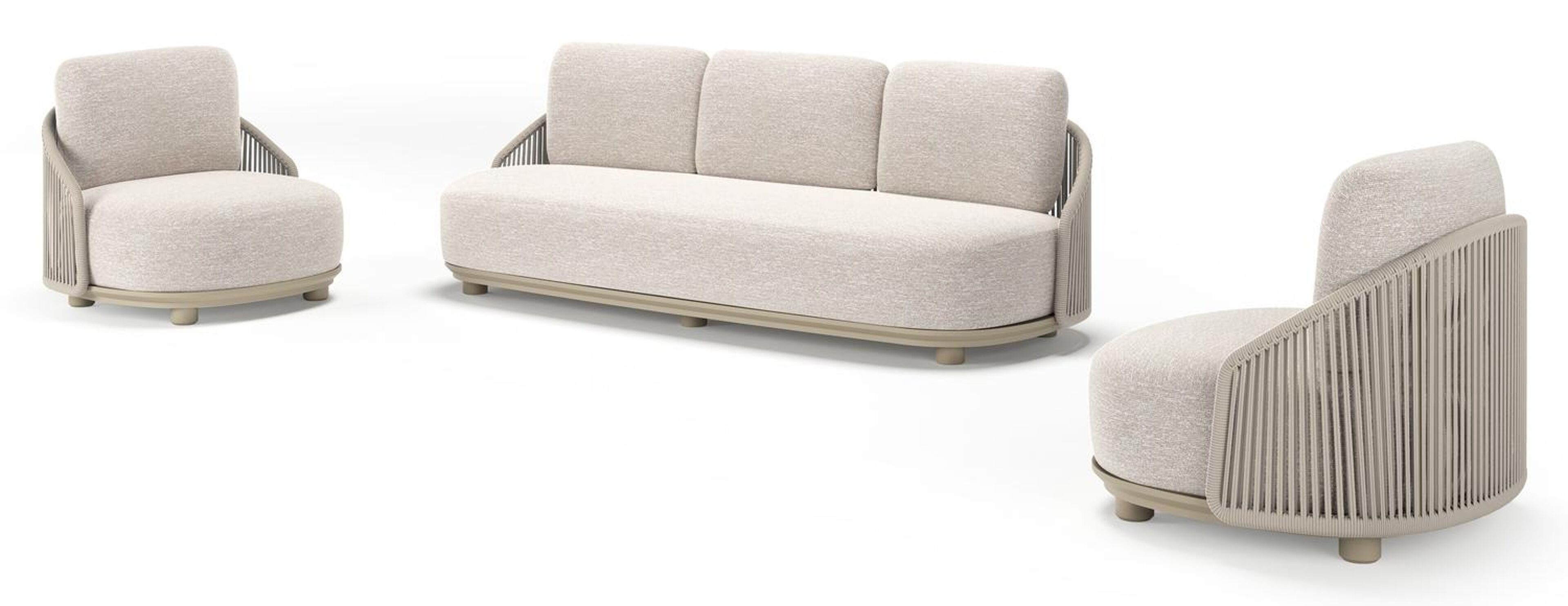 Vadelo loungeset in beige aluminium en beige verticaal geweven ronde rope met tundra sand all weather sunbrella® luxe kussen