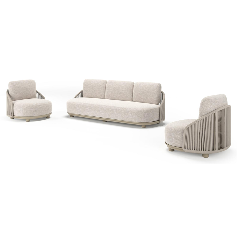 Vadelo loungeset in beige aluminium en beige verticaal geweven ronde rope met tundra sand all weather sunbrella® luxe kussen