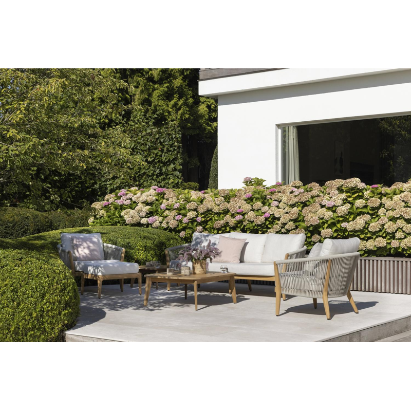 Orso loungeset in teak en rope met lopi marble All Weather Sunbrella® Luxe kussens en loungetafel