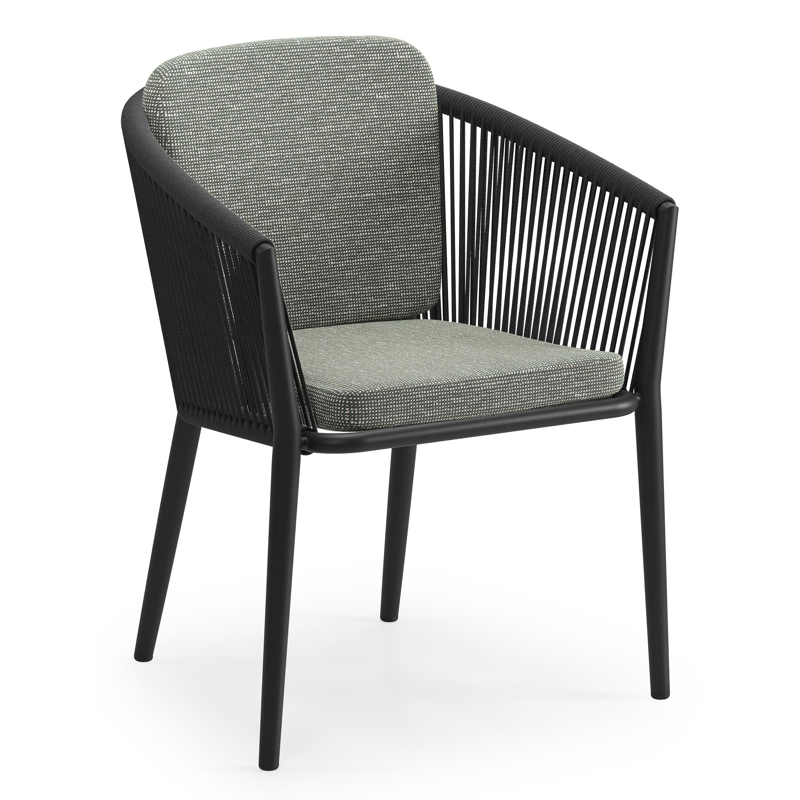 Orso tuinstoel in zwart aluminium en zwart verticaal geweven ronde rope met zitkussen in All Weather Sunbrella® Luxe Slow Fern