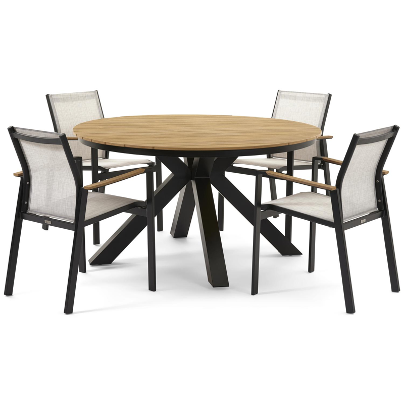 Tora tuinset in zwart aluminium en naturel polywood tafelblad met 4 stapelbare Bahia tuinstoelen