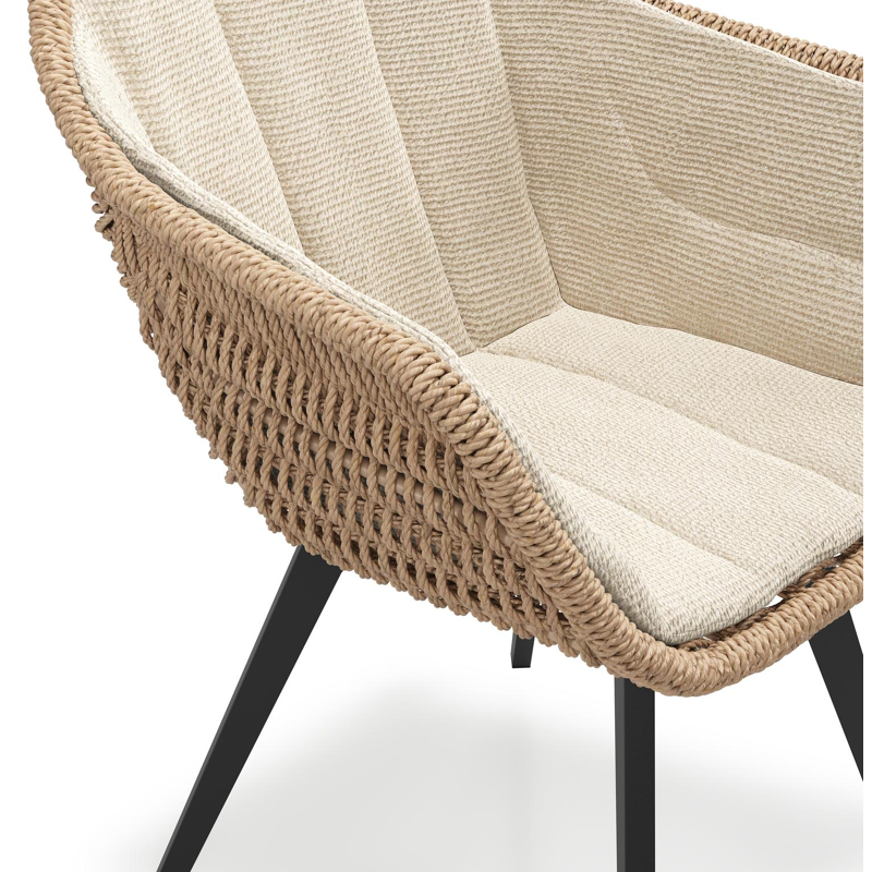 Pagino tuinstoel in zwart aluminium en naturel ronde wicker met zitkussen in All Weather Cosytica Althea Chalk