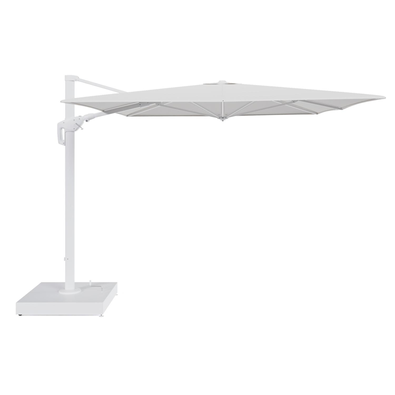 Minore zweefparasol met tiltfunctie in wit aluminium en Soul Optik All Weather Solica parasoldoek - L1 400 x L2 300 cm met parasolvoet Minore 260 kg met wielen