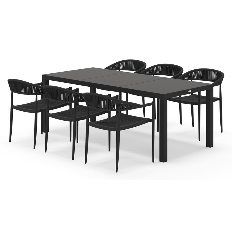 Toma tuinset rechthoekig in zwart aluminium en sintered stone zwart met 6 Guarda tuinstoelen
