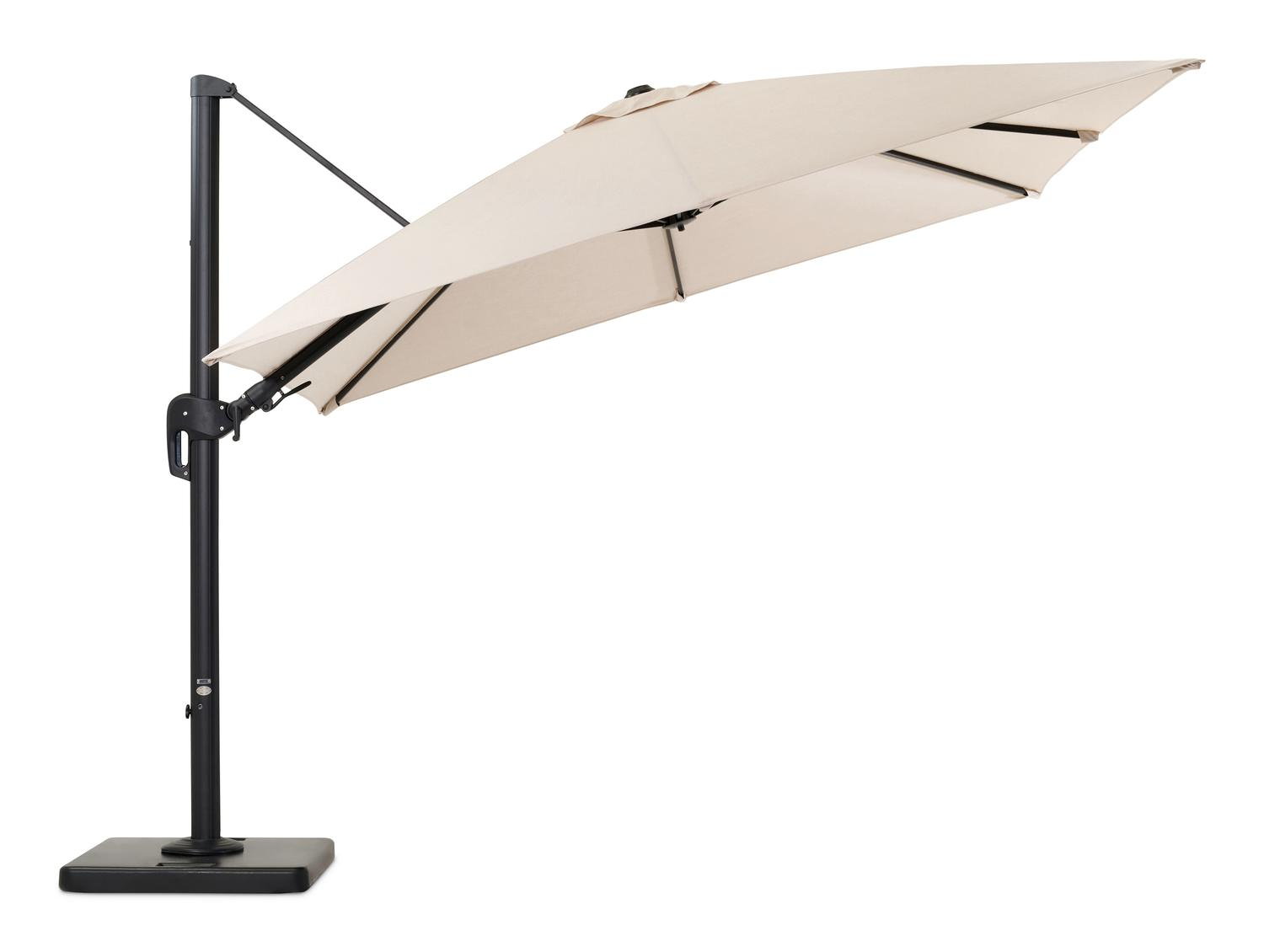 Rufina zweefparasol met tiltfunctie in zwart aluminium met beige all weather sunbrella® premium parasoldoek - L1: 300 x L2: 300 cm (met voet)