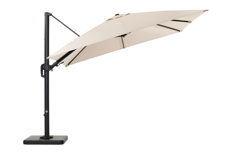 Rufina zweefparasol met tiltfunctie in zwart aluminium met beige all weather sunbrella® premium parasoldoek - L1: 300 x L2: 300 cm (met voet)