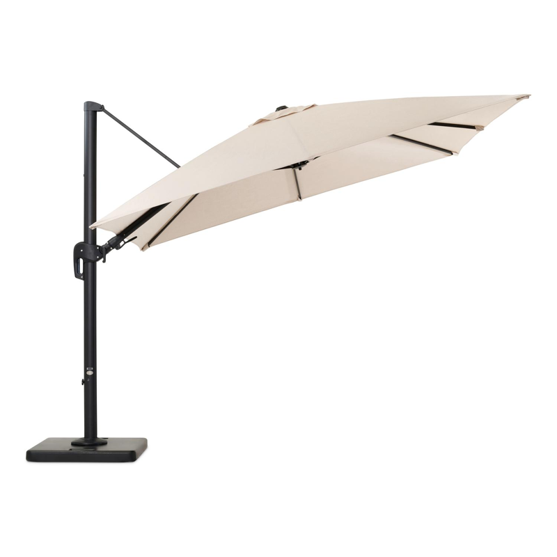 Rufina zweefparasol met tiltfunctie in zwart aluminium met beige all weather sunbrella® premium parasoldoek - L1: 300 x L2: 300 cm (met voet)