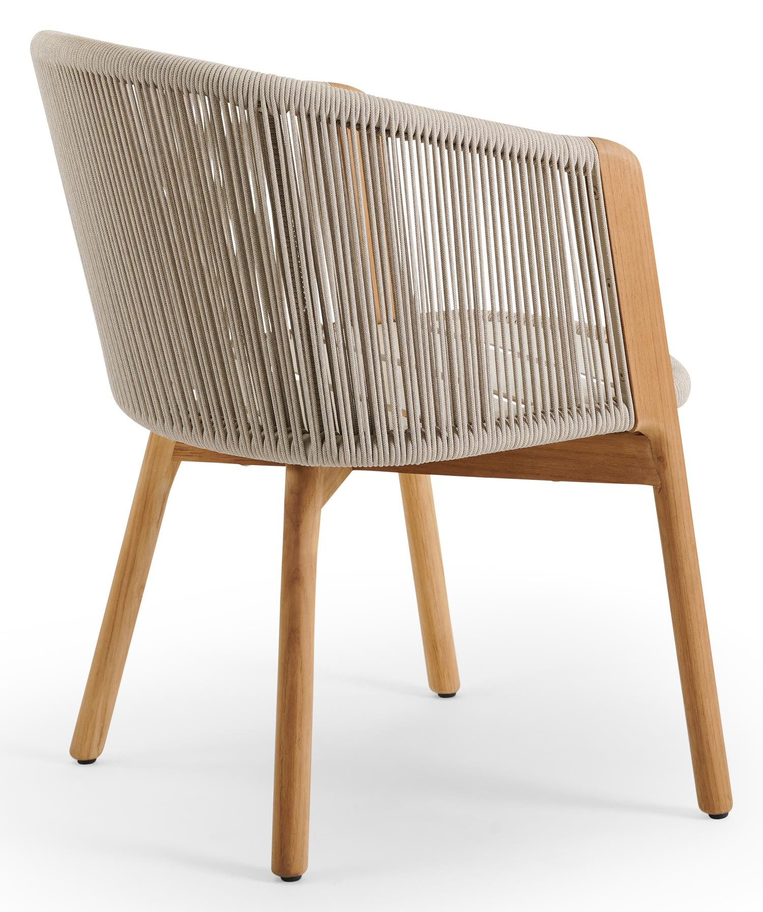 Gardo tuinstoel in teak en beige verticaal geweven ronde rope met kussen in chartres pewter all weather sunbrella® luxe