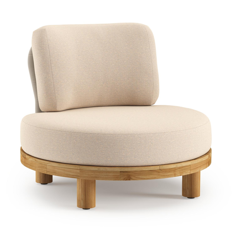 Donato loungestoel in teak en beige verticaal geweven ronde rope met all weather sunbrella® luxe Heritage Papyrus kussen