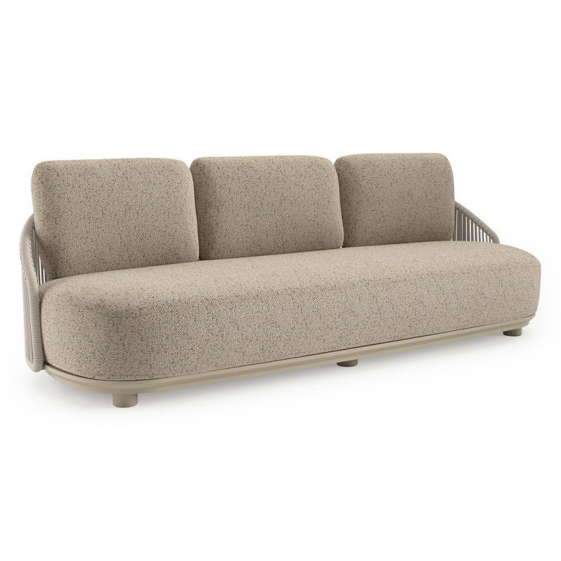 Canapé de jardin Vadelo en aluminium beige et corde ronde tissée verticalement beige et coussins en all weather cosytica bora jungle