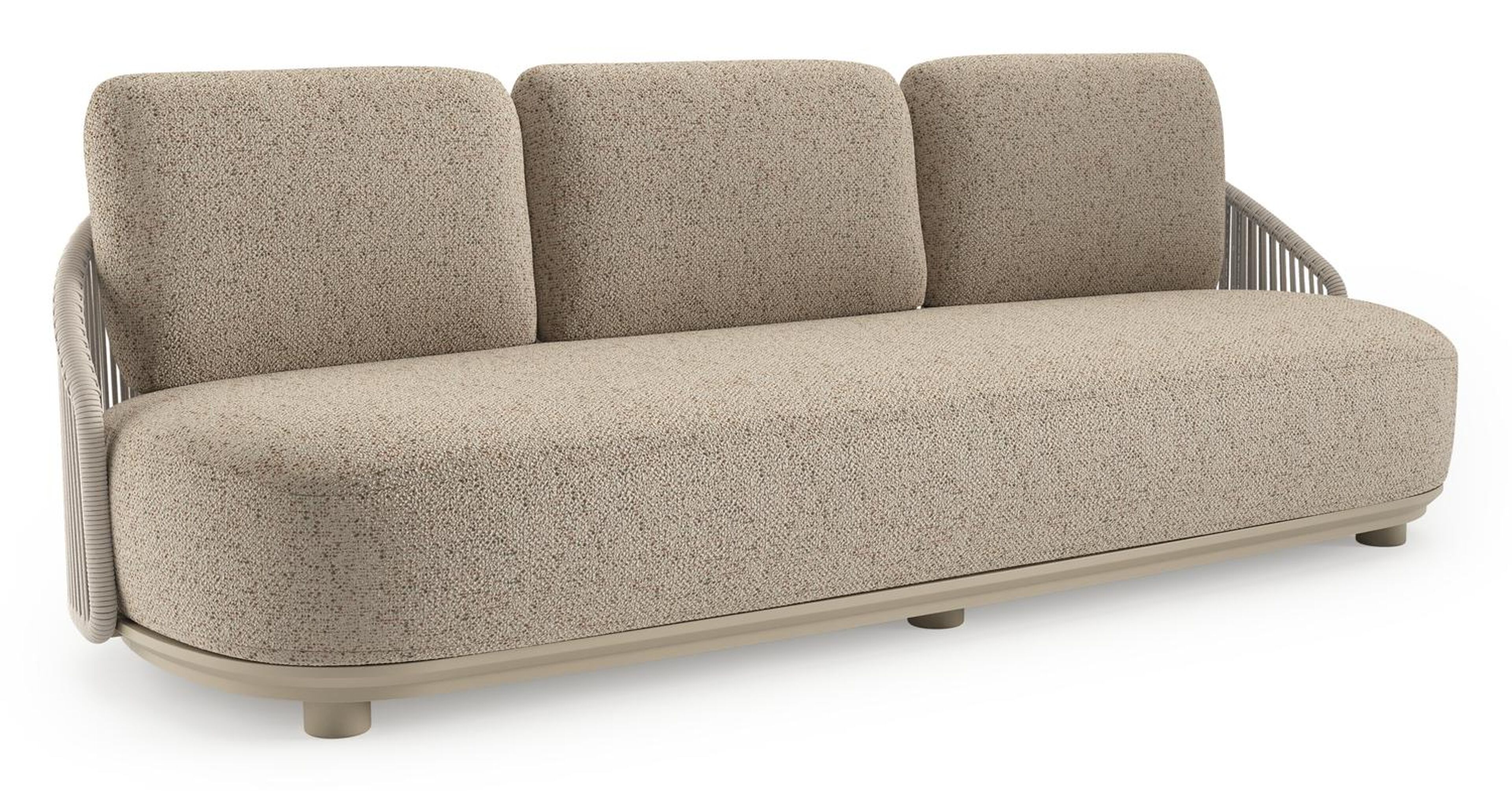 Canapé de jardin Vadelo en aluminium beige et corde ronde tissée verticalement beige et coussins en all weather cosytica bora jungle