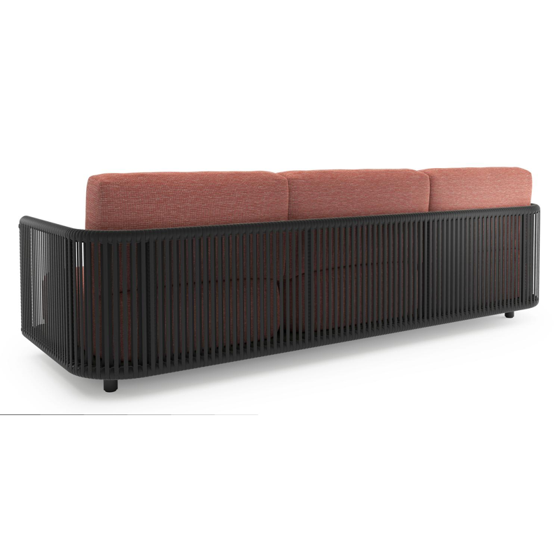 Canapé de jardin Organo en aluminium noir et corde luxe plate tissée verticalement noir et coussin en all weather Sunbrella® luxe slow alezan