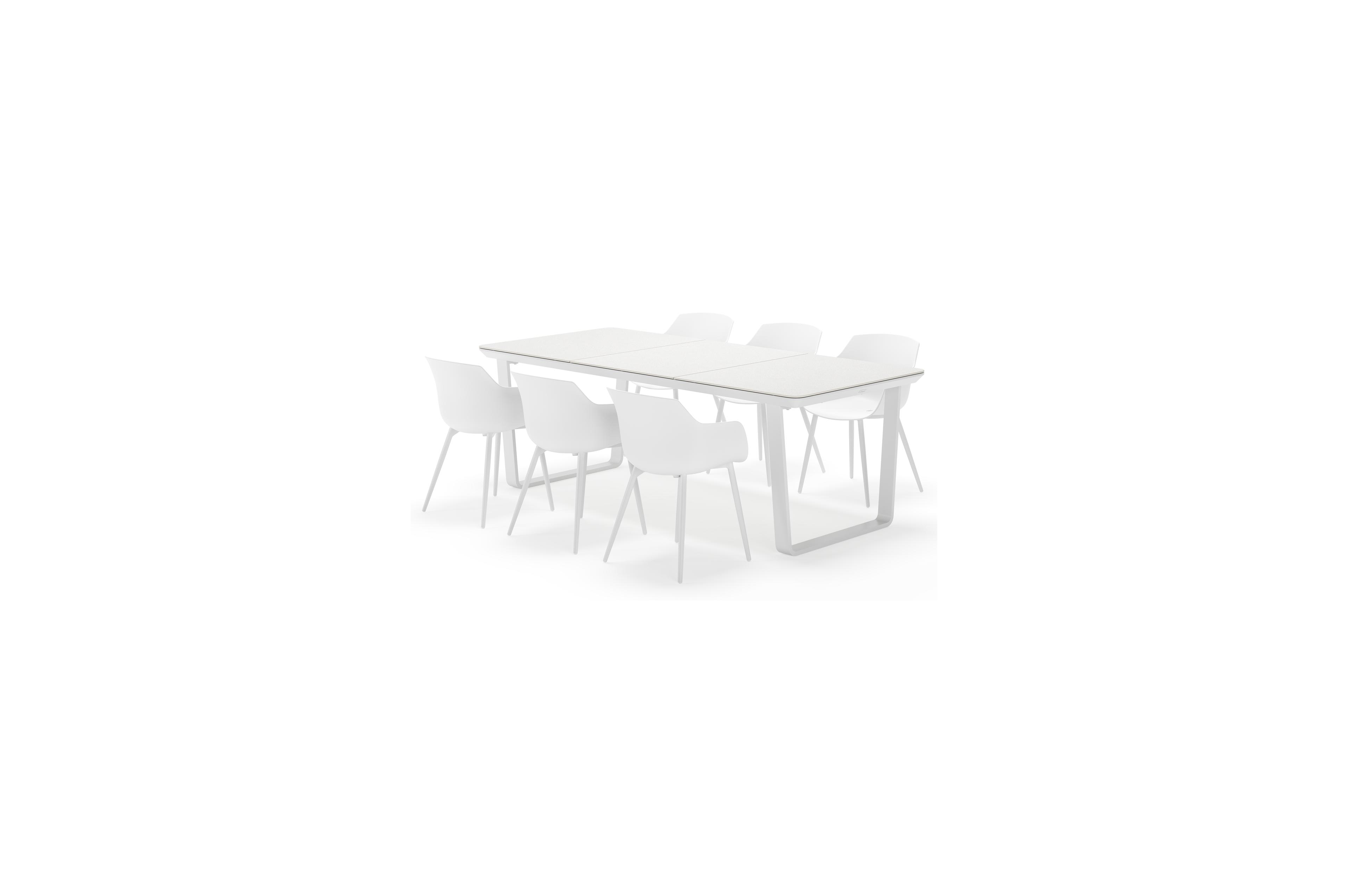 Alora tuinset afgerond rechthoekig in wit aluminium en sintered stone grijs met 6 Paco tuinstoelen