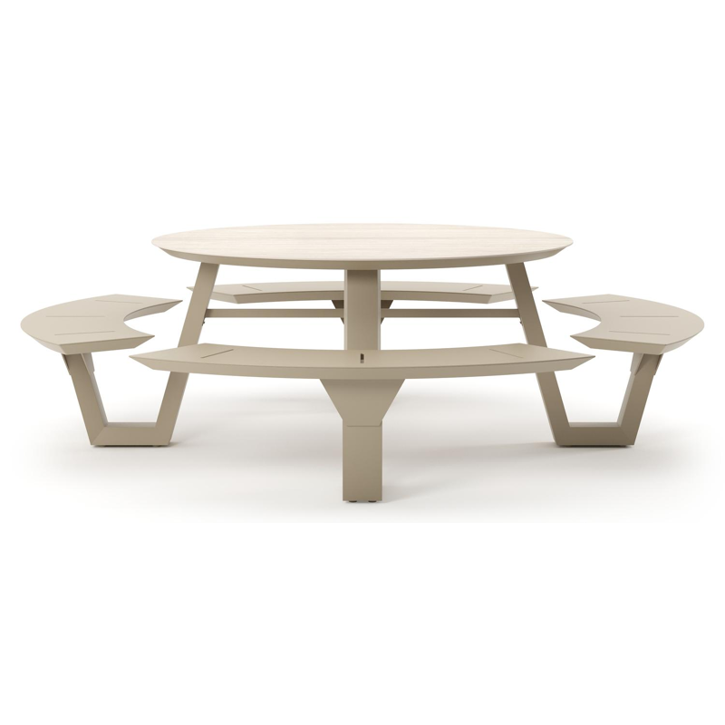 Rondino picknicktafel rond in beige aluminium en volkeramiek Travertino Bianco - Dia. 236 x H 71.5 cm