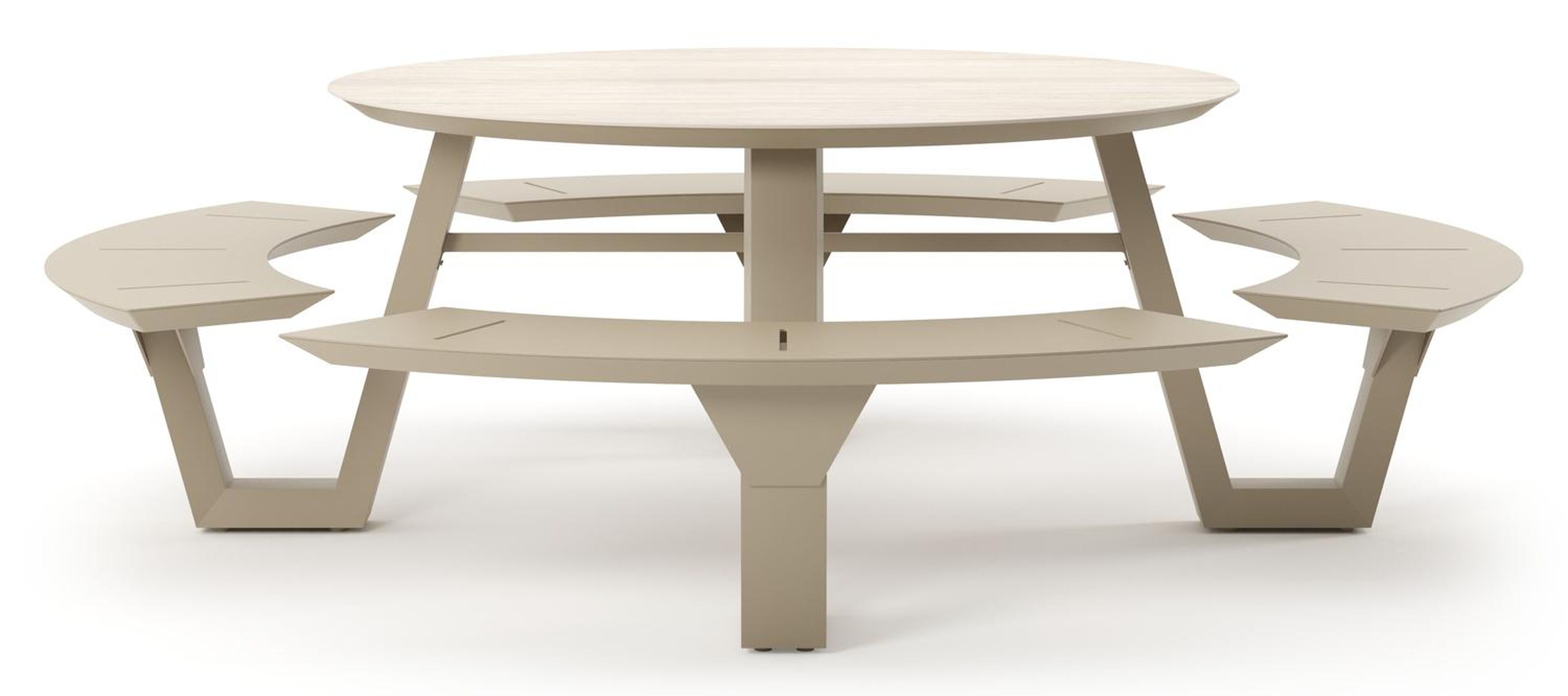 Table de pique-nique Rondino ronde en aluminium beige et céramique pleine Travertino Bianco - Diam. 148 x Haut. 71.5 cm