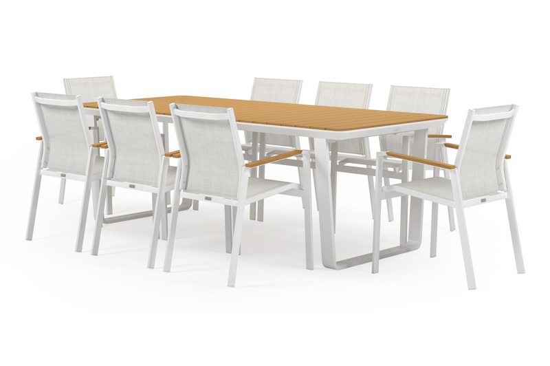 Alora tuinset in wit aluminium en polywood tafelblad met 8 stapelbare Bahia tuinstoelen