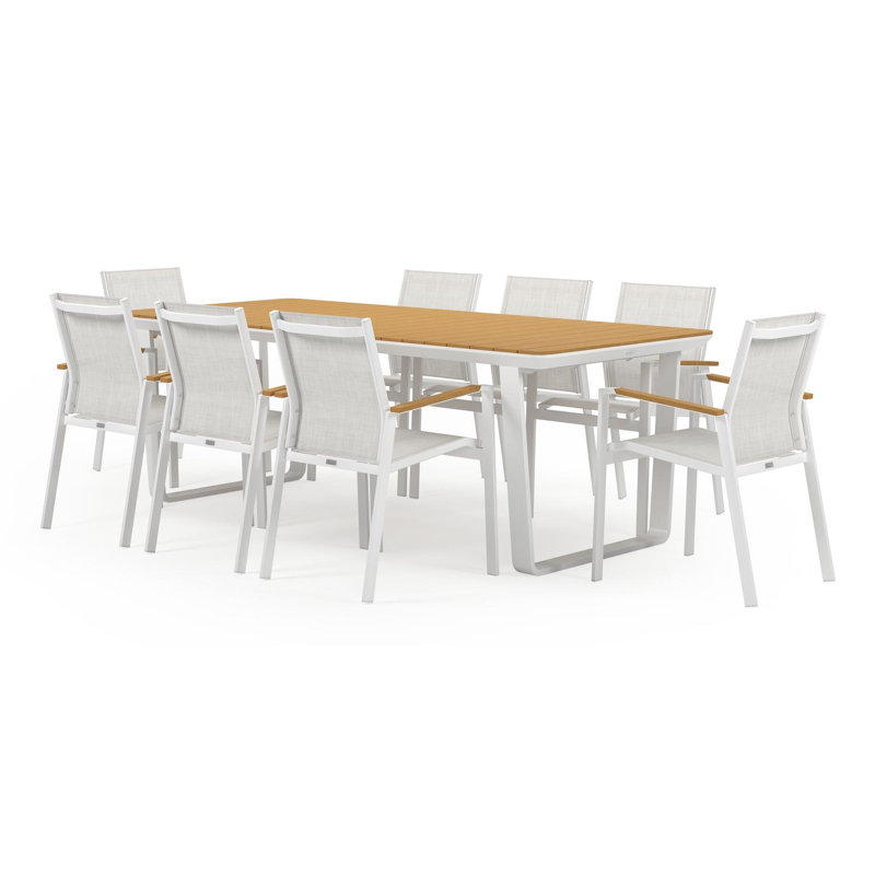 Alora tuinset in wit aluminium en polywood tafelblad met 8 stapelbare Bahia tuinstoelen