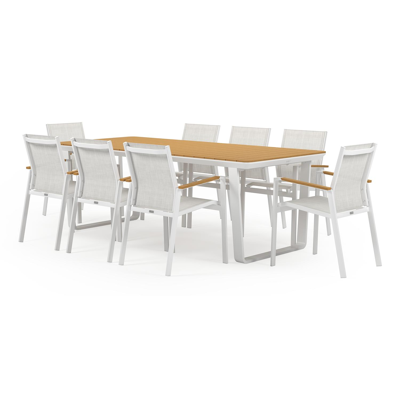 Alora tuinset in wit aluminium en polywood tafelblad met 8 stapelbare Bahia tuinstoelen