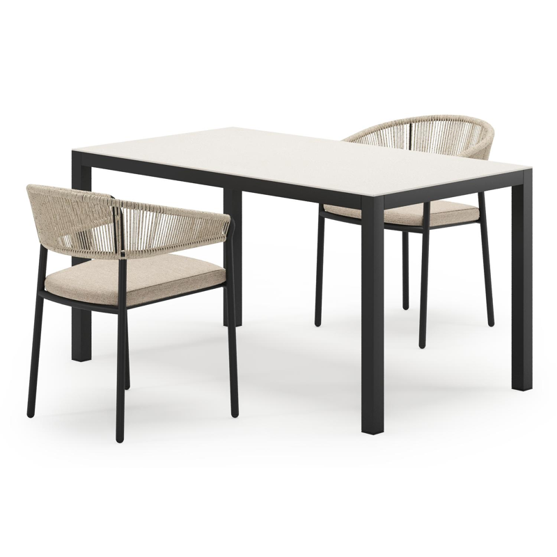 Feltro tuinset in zwart aluminium en sintered stone Crema minerale met 2 Zamora tuinstoelen