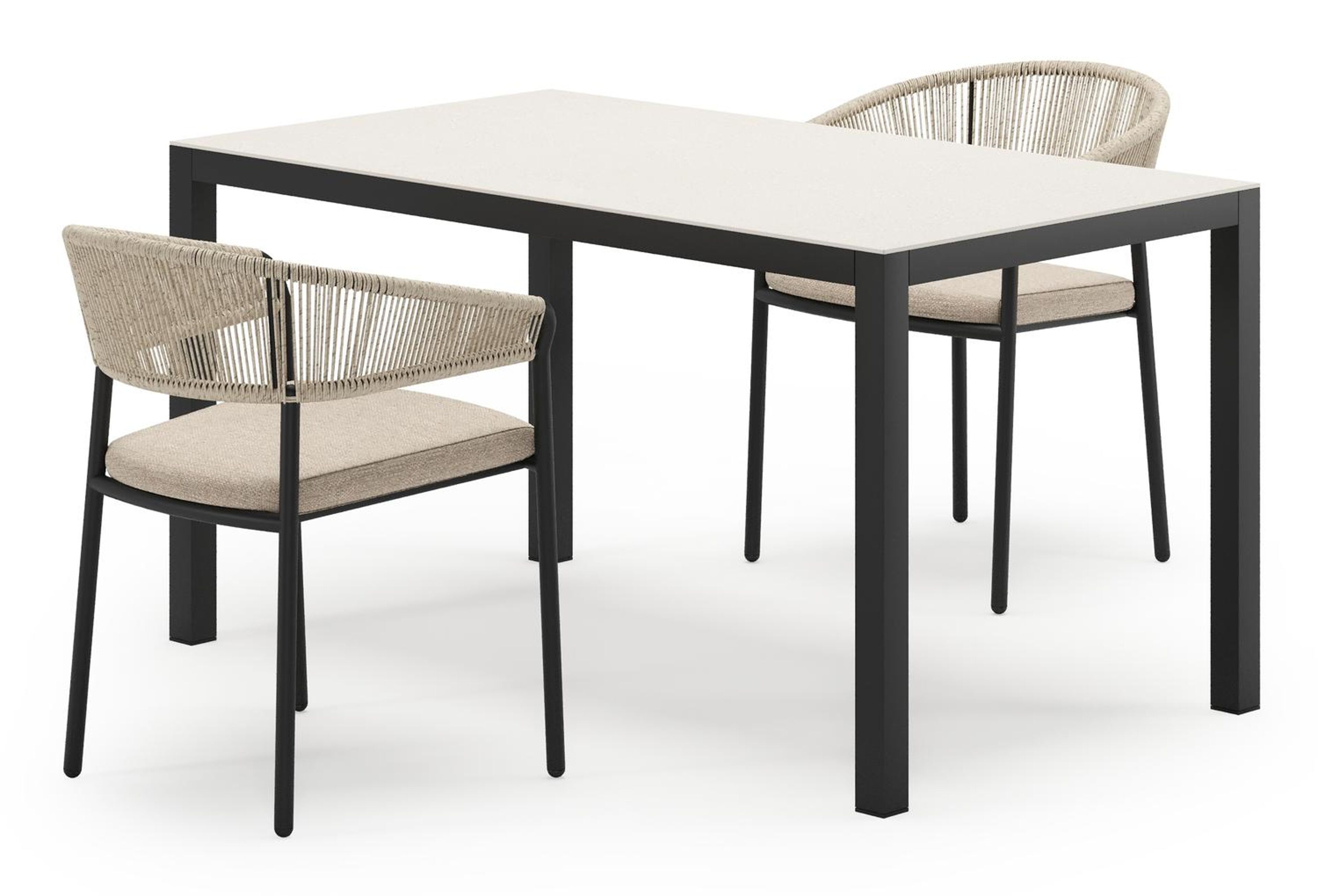 Feltro tuinset in zwart aluminium en sintered stone Crema minerale met 2 Zamora tuinstoelen