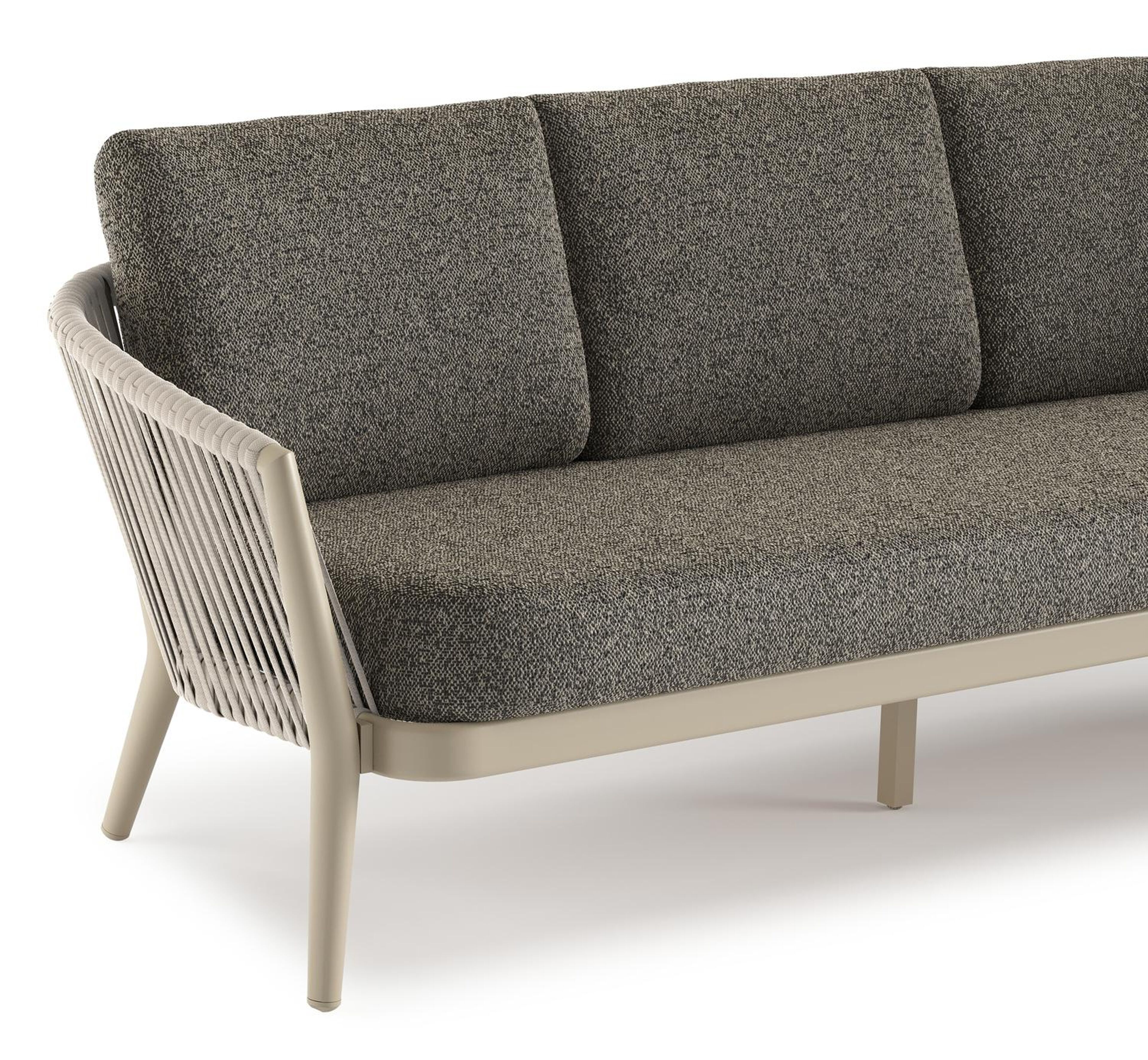 Orso loungeset in beige aluminium en beige verticaal geweven luxe vlakke rope met Marbella Tunder all weather cosytica kussen