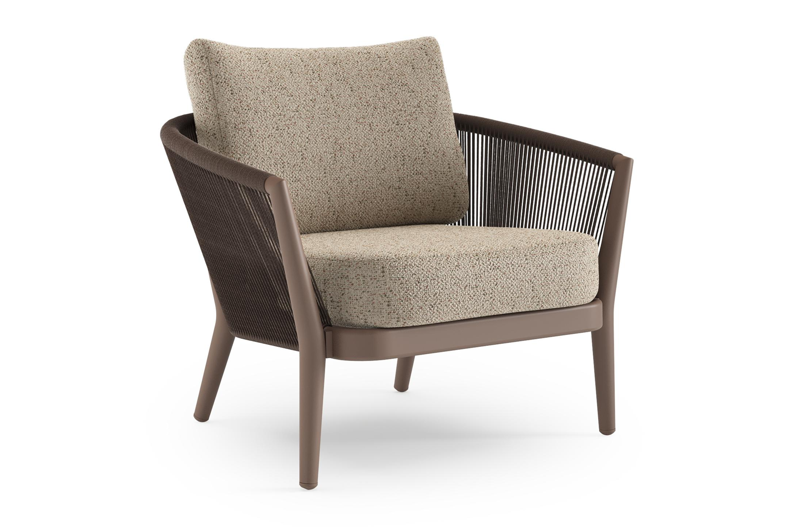 Orso loungestoel in taupe aluminiumen zwart verticaal geweven ronde rope met Bora Jungle all weather cosytica kussen