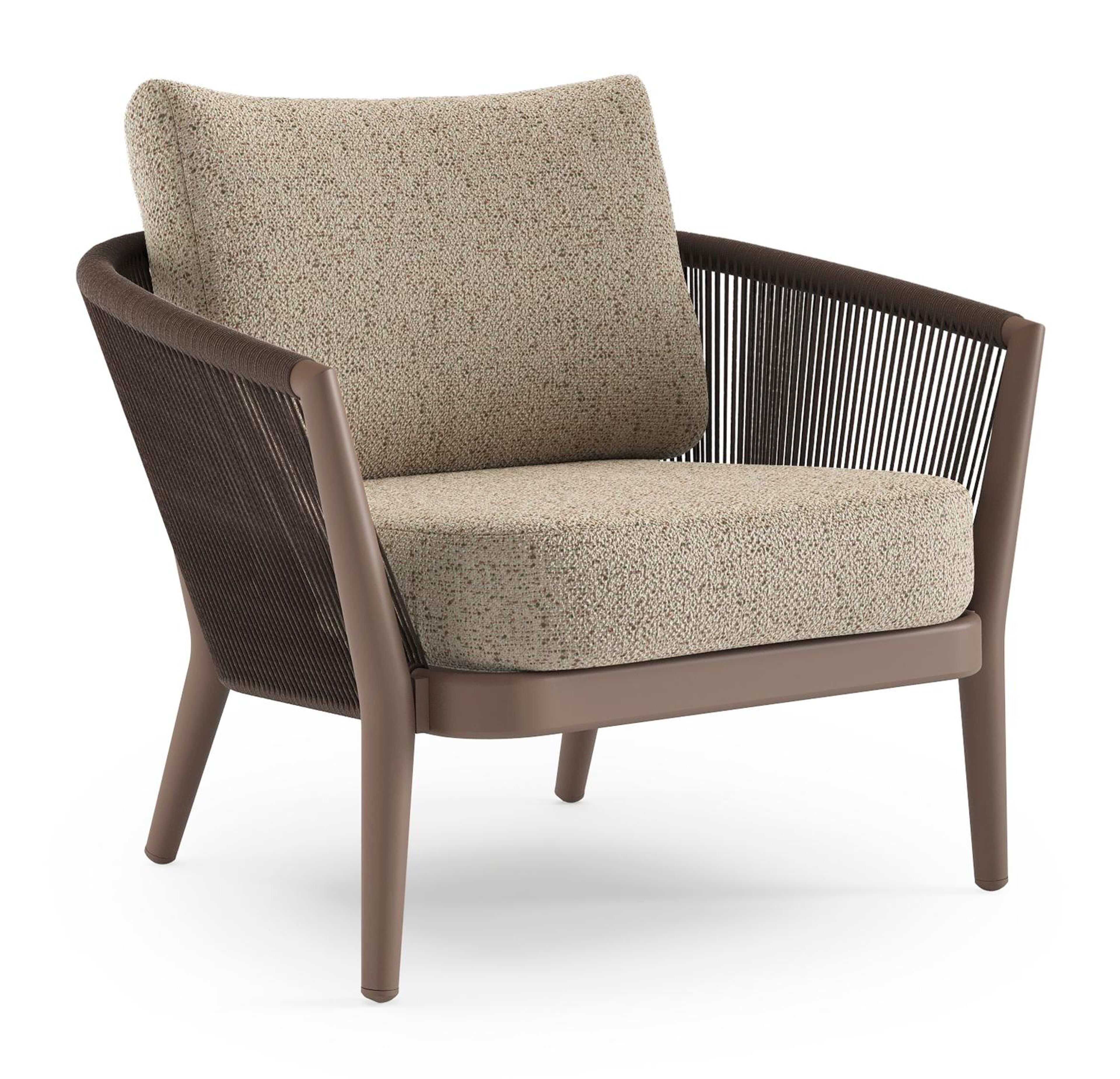 Fauteuil de jardin Orso en aluminium taupe en corde ronde tissée verticalement noir et coussins en all weather cosytica Bora Jungle