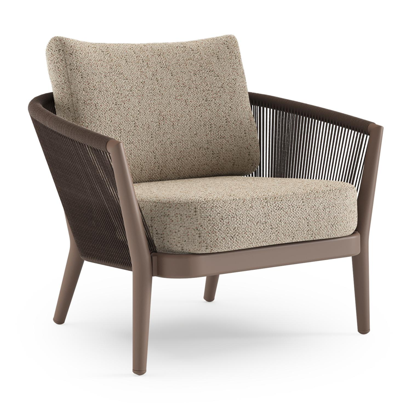 Orso loungestoel in taupe aluminiumen zwart verticaal geweven ronde rope met Bora Jungle all weather cosytica kussen