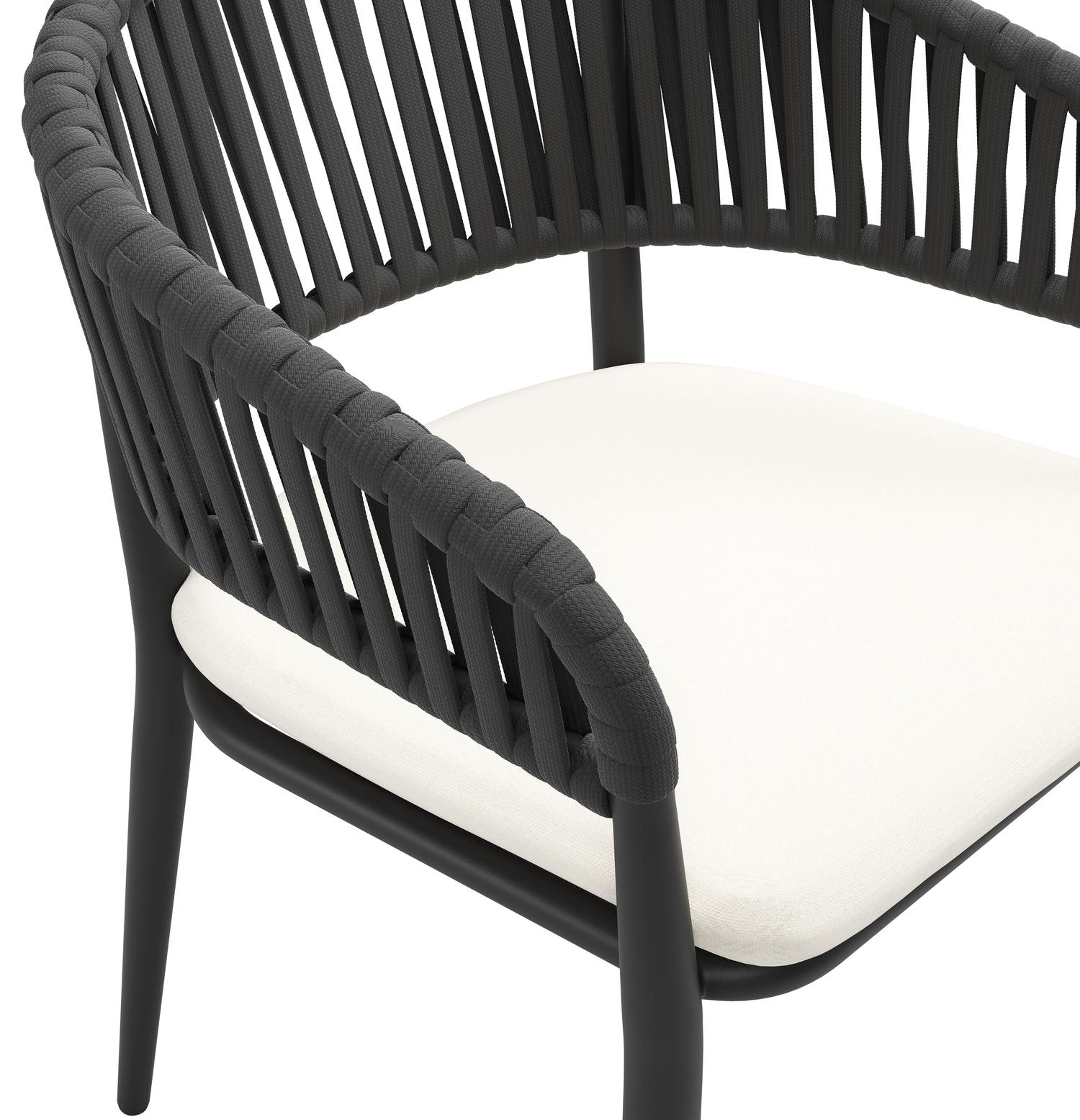 Tolfa stapelbare tuinstoel in zwart aluminium en zwart verticaal geweven luxe vlakke brede rope met stoelkussen in All Weather Sunbrella® Luxe Natte White