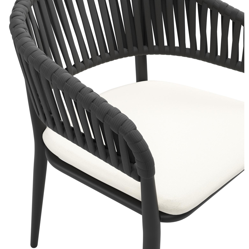 Tolfa stapelbare tuinstoel in zwart aluminium en zwart verticaal geweven luxe vlakke brede rope met stoelkussen in All Weather Sunbrella® Luxe Natte White