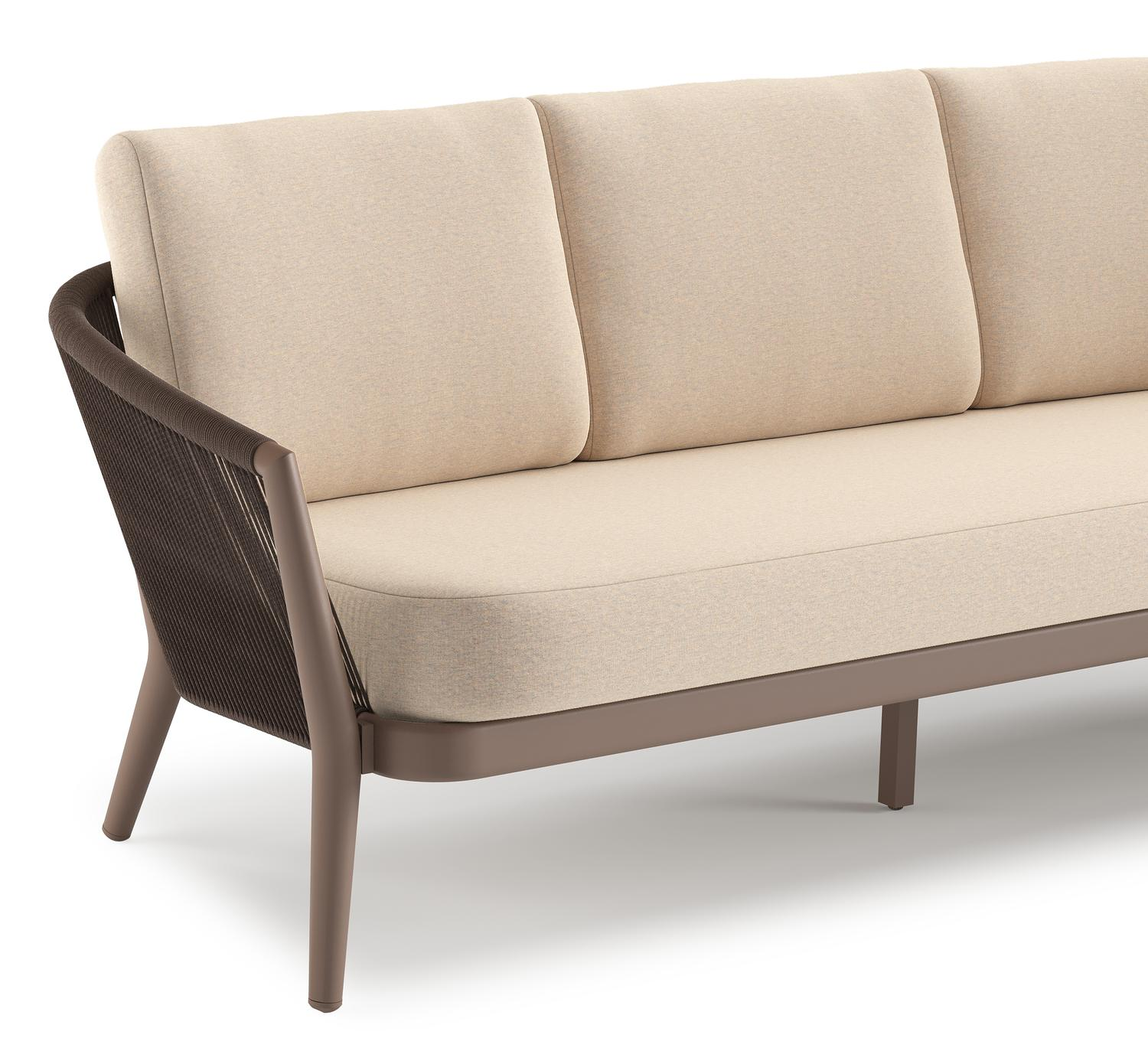 Orso loungeset in taupe aluminiumen zwart verticaal geweven ronde rope met Heritage Papyrus all weather sunbrella® luxe kussen