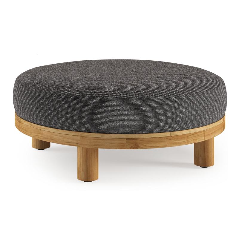 Donato lounge poef in teak en beige verticaal geweven ronde rope met all weather solica Firenze Tunder kussen