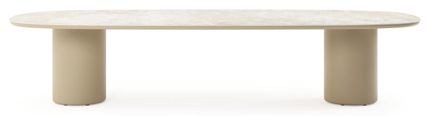 Table de jardin low dining Amico bombo en aluminium beige et céramique pleine Rapolano - Lg. 320 x Lrg. 130 x Haut. 61 cm