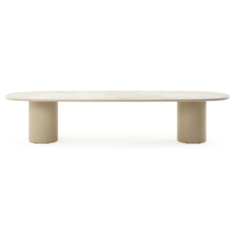 Table de jardin low dining Amico bombo en aluminium beige et céramique pleine Rapolano - Lg. 320 x Lrg. 130 x Haut. 61 cm