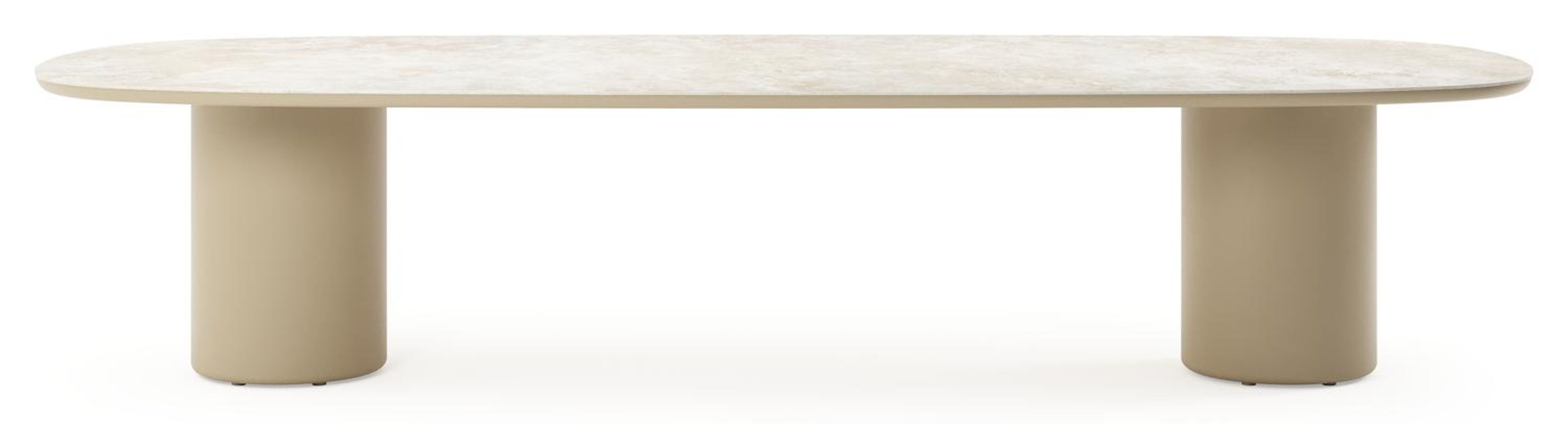 Table de jardin low dining Amico bombo en aluminium beige et céramique pleine Rapolano - Lg. 320 x Lrg. 130 x Haut. 61 cm
