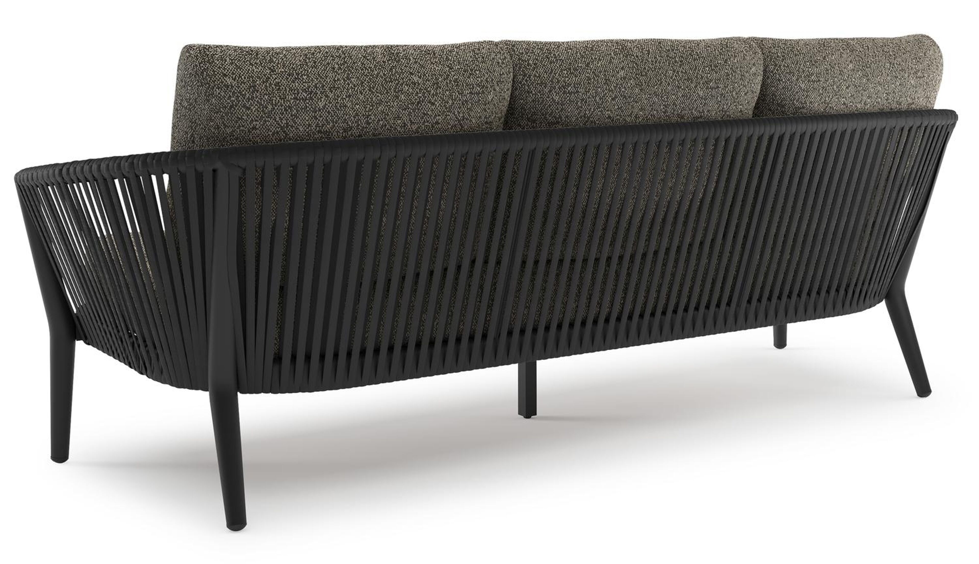 Orso loungeset in zwart aluminium en zwart verticaal geweven luxe vlakke rope met Marbella Tunder all weather cosytica kussen