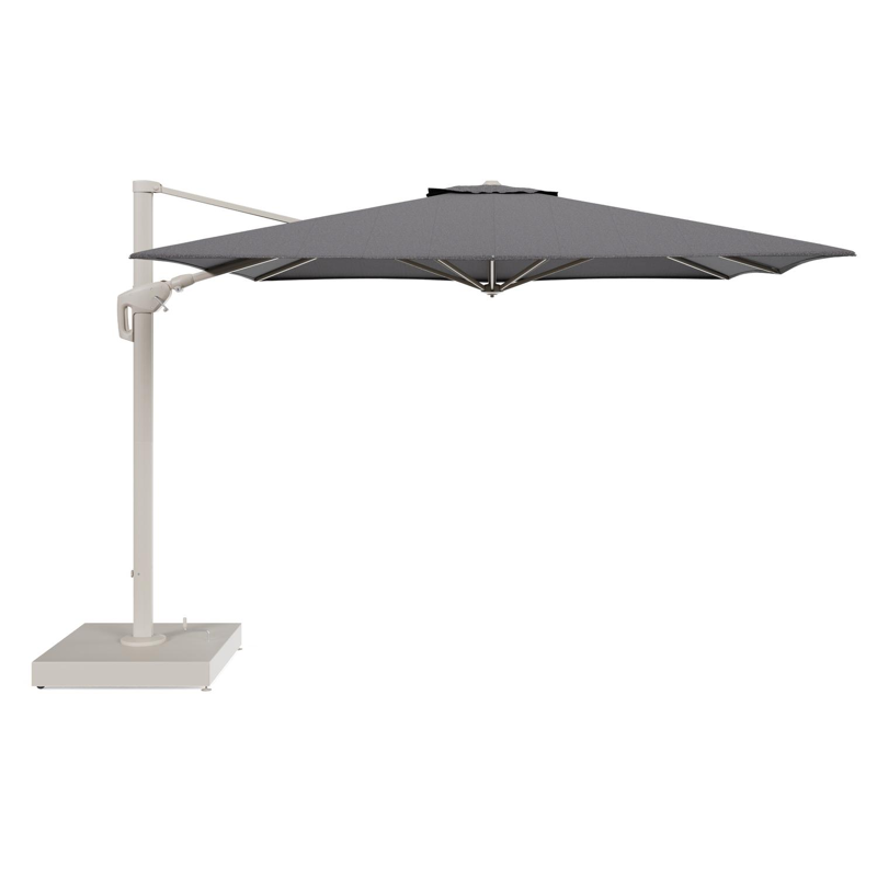 Minore zweefparasol met tiltfunctie in beige aluminium en Firenze Tunder All Weather Solica parasoldoek - L1 350 x L2 350 cm met parasolvoet Minore 260 kg met wielen