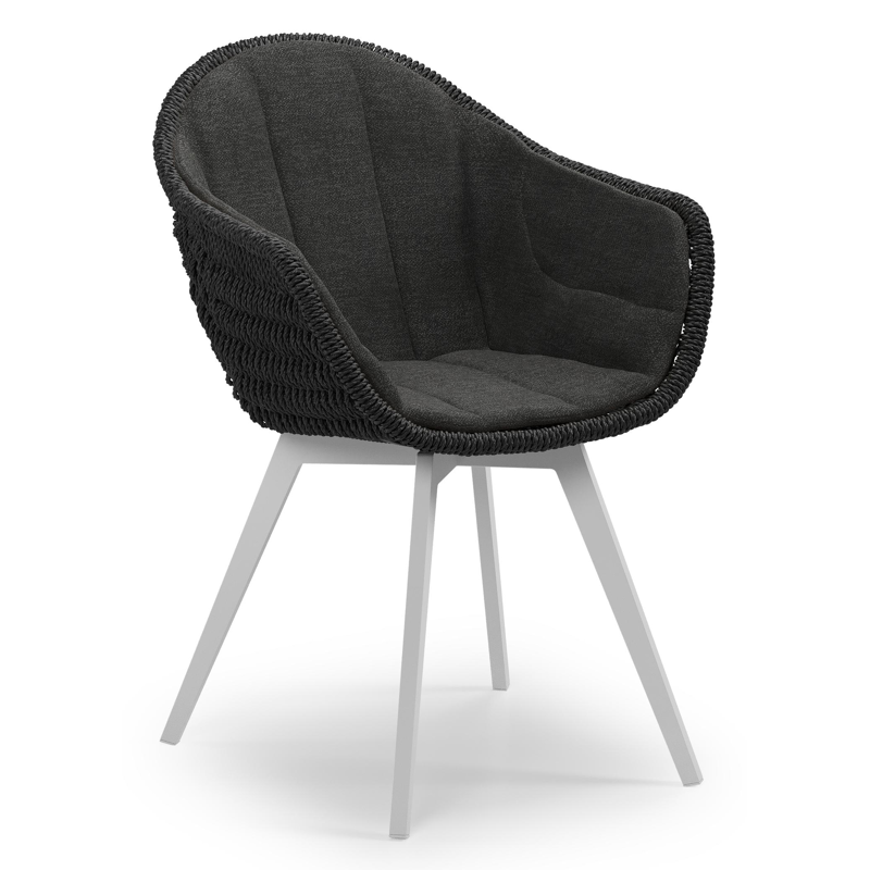 Pagino tuinstoel in wit aluminium en zwart ronde wicker met zitkussen in All Weather Sunbrella® Luxe Chartres Sooty