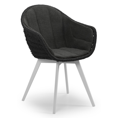 Pagino tuinstoel in wit aluminium en zwart ronde wicker met zitkussen in All Weather Sunbrella® Luxe Chartres Sooty