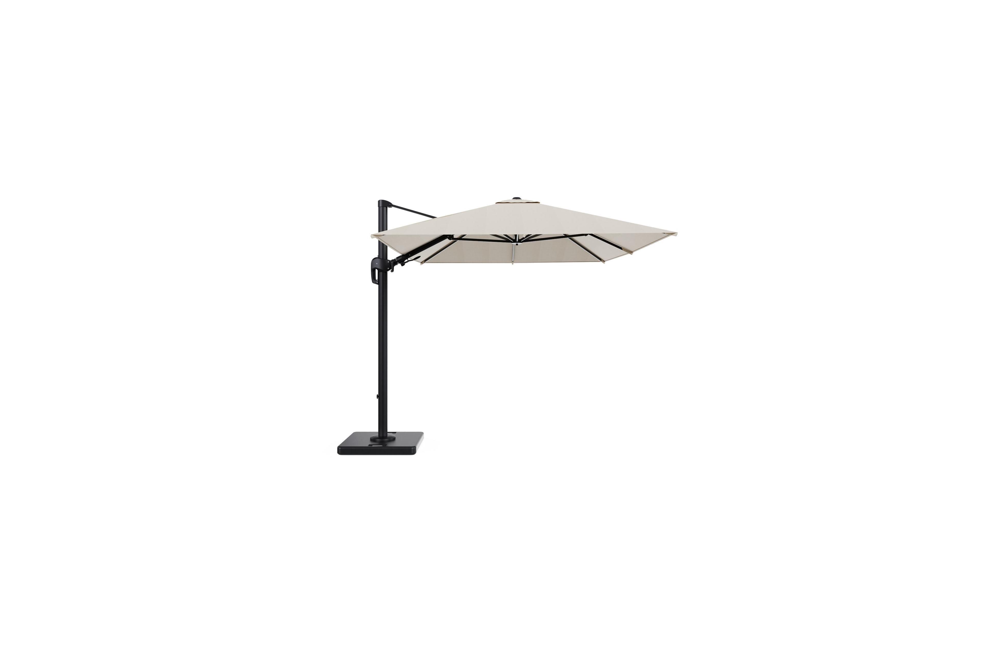 Rufina zweefparasol met tiltfunctie in zwart aluminium met beige all weather sunbrella® premium parasoldoek - L1 350 x L2 250 cm met parasolvoet Lapido 120 kg