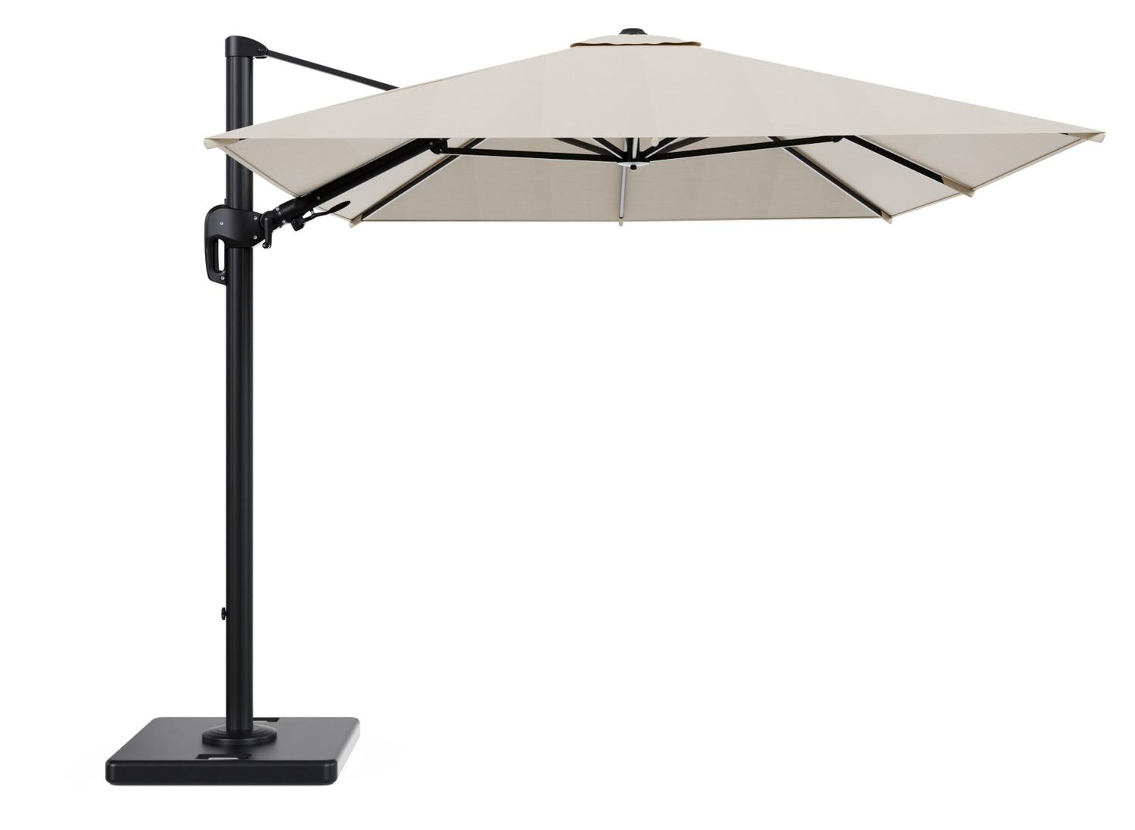 Rufina zweefparasol met tiltfunctie in zwart aluminium met beige all weather sunbrella® premium parasoldoek - L1 350 x L2 250 cm met parasolvoet Lapido 120 kg