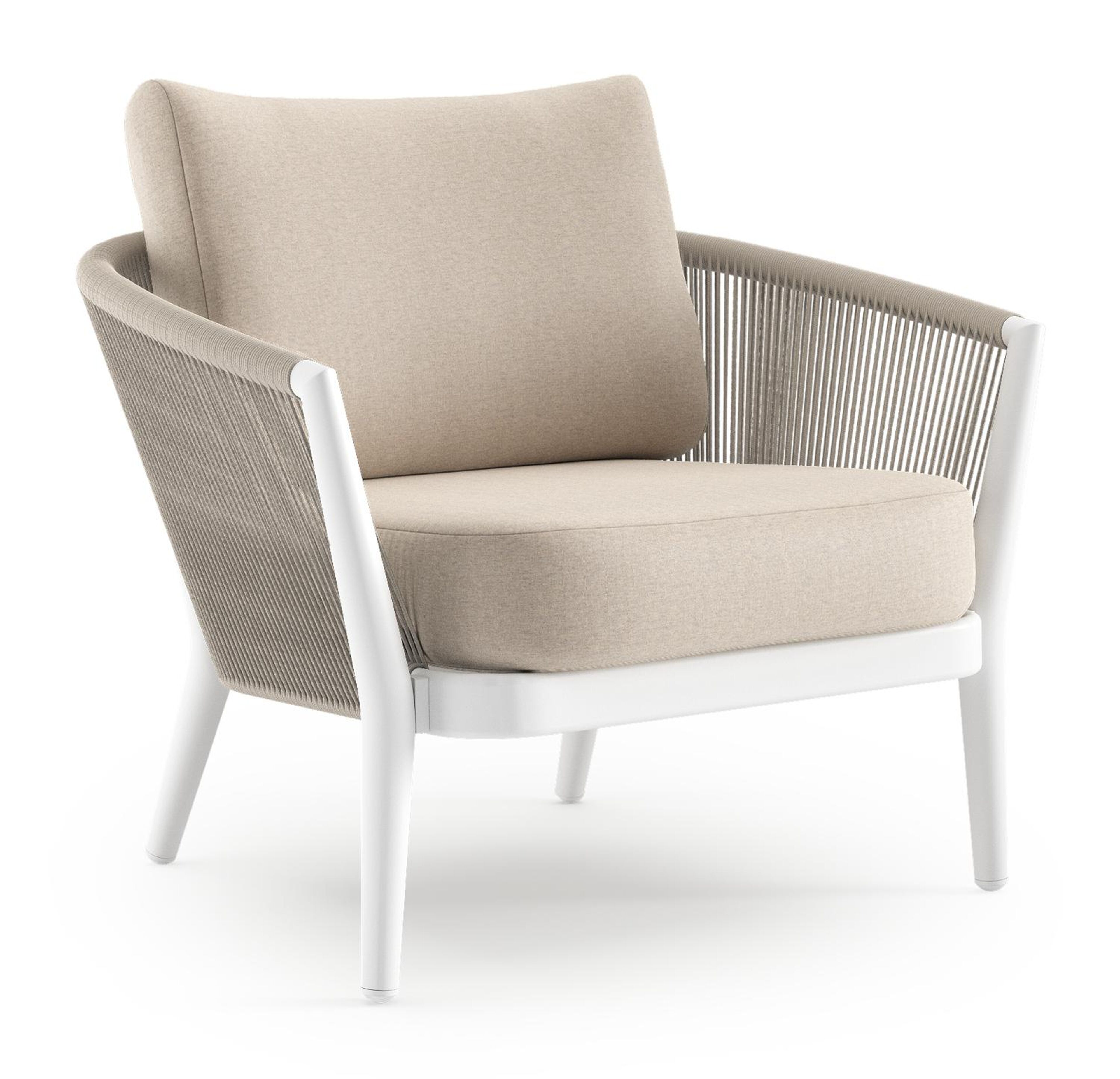 Fauteuil de jardin Orso en aluminium blanc en corde ronde tissée verticalement beige et coussins en all weather sunbrella® luxe Heritage Ash