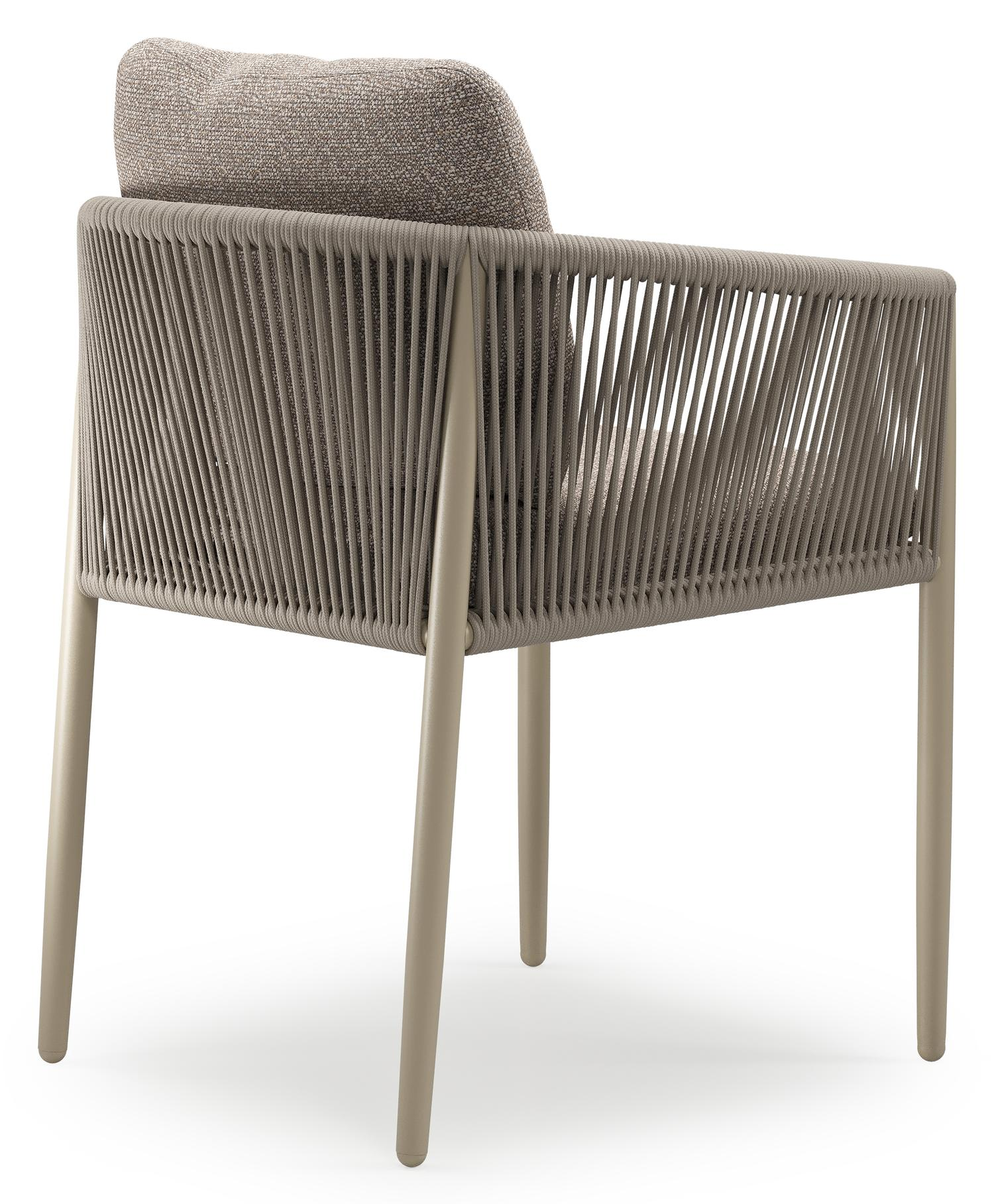 Organo tuinstoel in zwart aluminium en beige verticaal geweven ronde rope met stoelkussen in All Weather Sunbrella® Luxe Wander Manioc