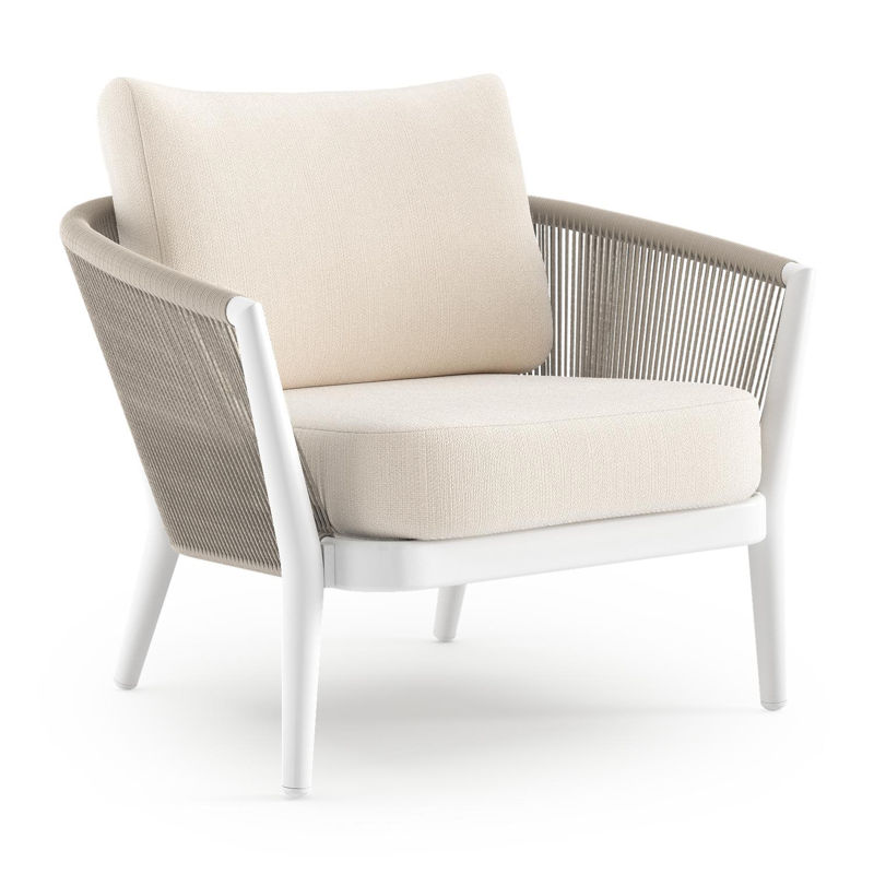 Fauteuil de jardin Orso en aluminium blanc en corde ronde tissée verticalement beige et coussins en all weather sunbrella® luxe Lopi Snow