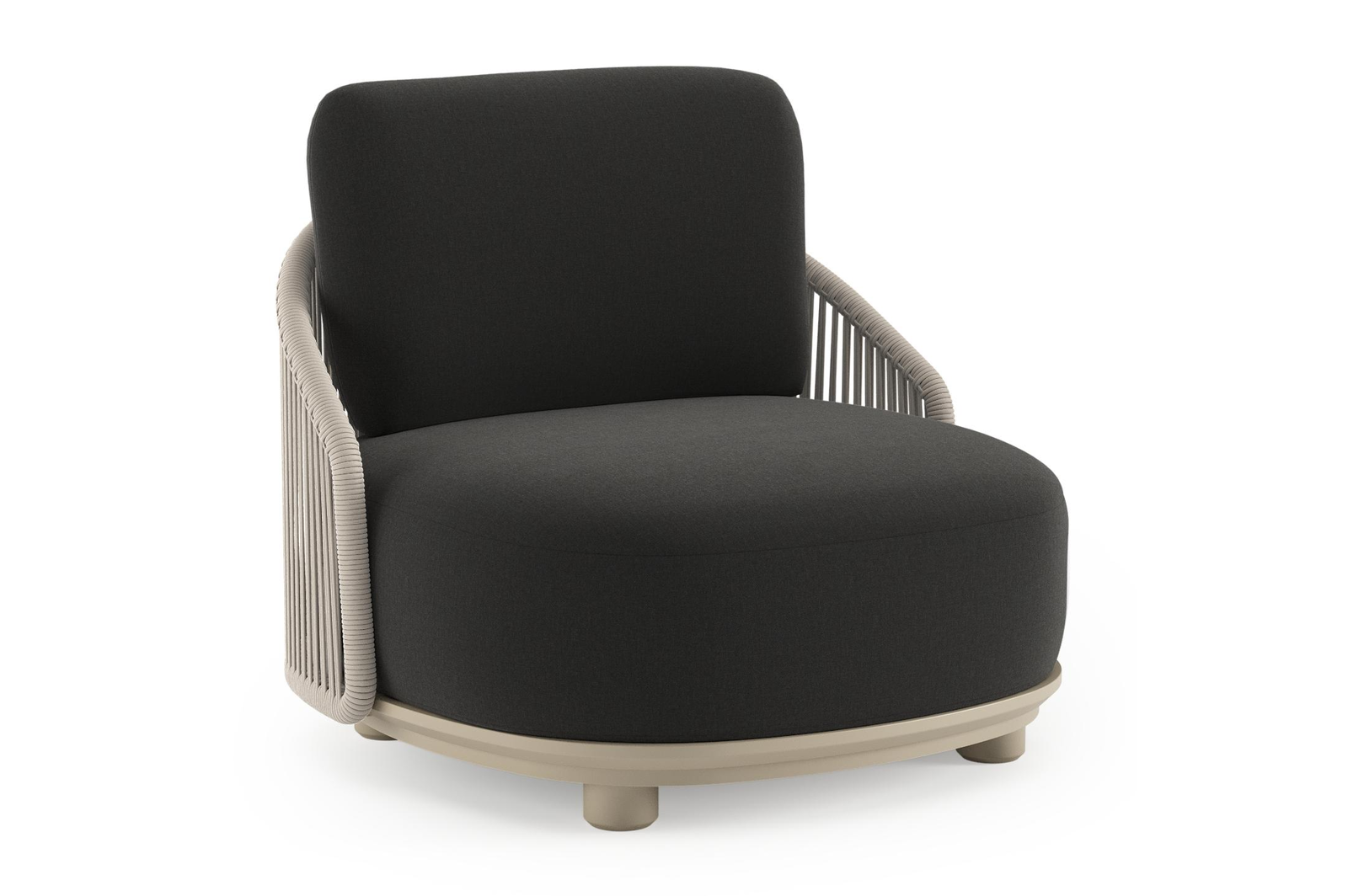 Vadelo loungestoel in beige aluminium en beige verticaal geweven ronde rope met natte sooty all weather sunbrella® luxe kussen