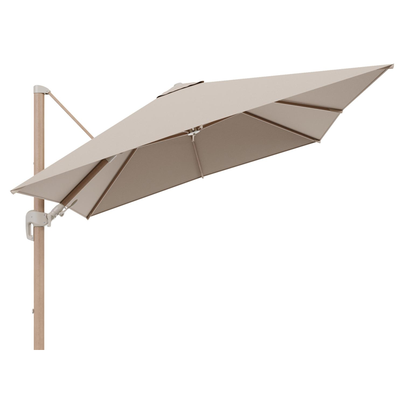 Rufina zweefparasol tiltfunctie in houtlook aluminium en parasoldoek in All Weather Sunbrella® Luxe Natte Heather Beige  - L1 300 x L2 300 cm (zonder voet)